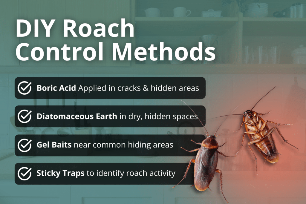 Comparison chart of DIY roach control methods, from baking soda to boric acid and gel baits