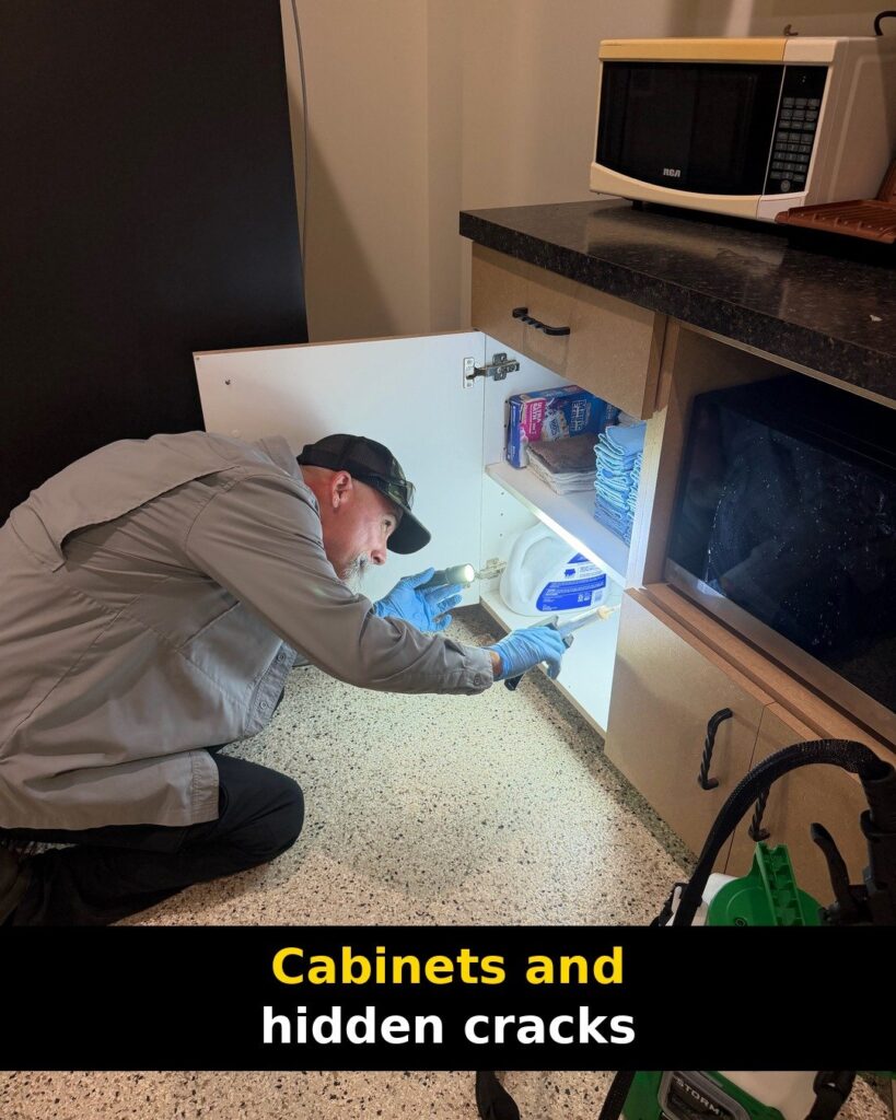 Technician kneeling with a flashlight and bait applicator at an open lower kitchen cabinet
