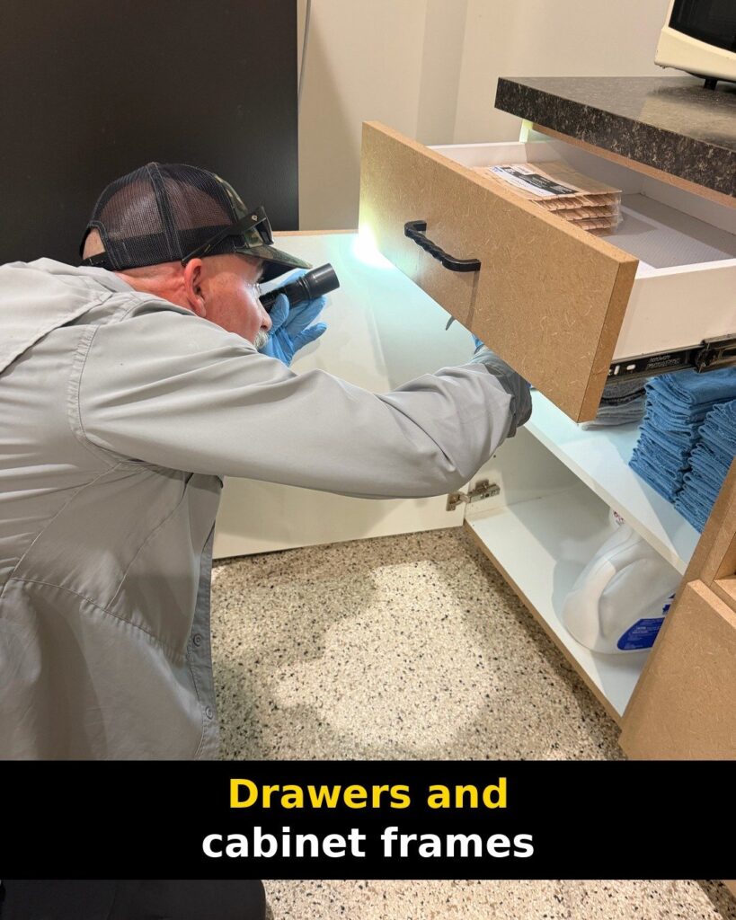 Technician shining a flashlight along an open drawer and cabinet frame in a break room