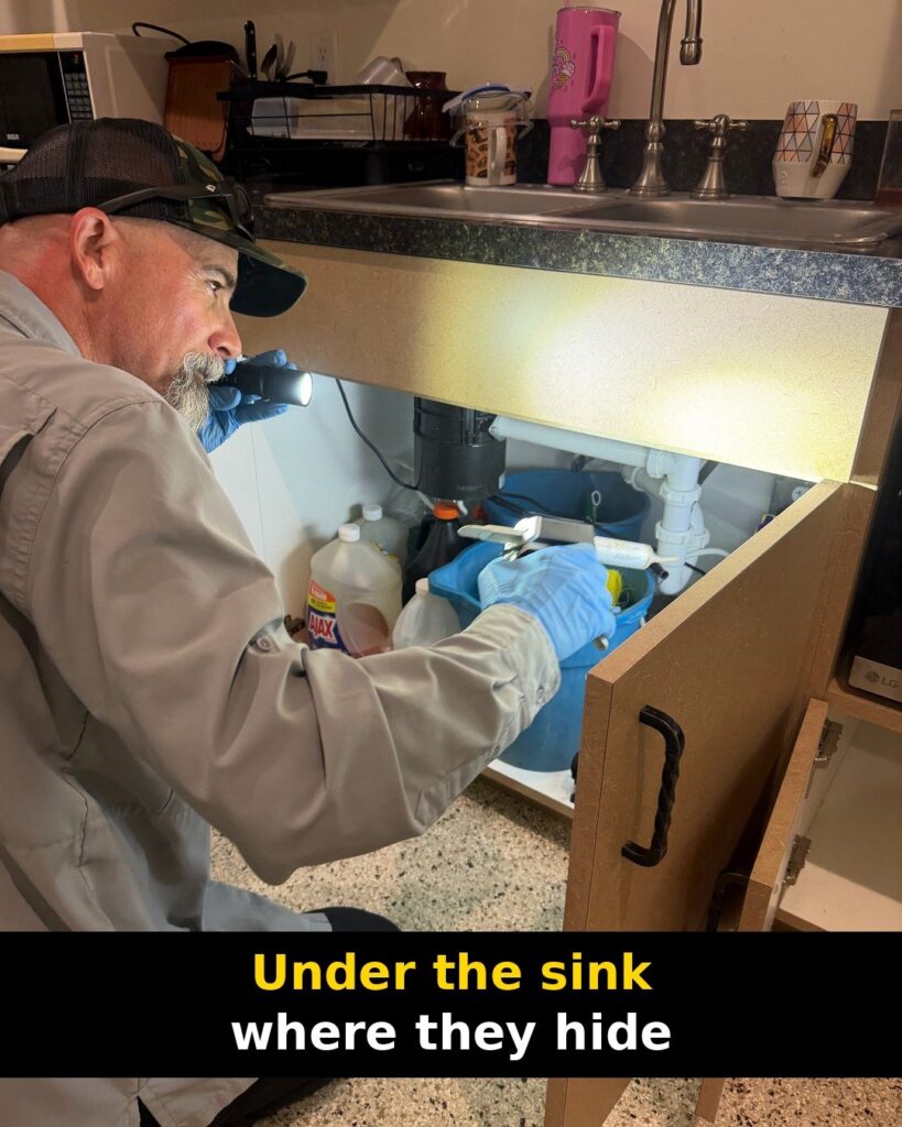 Technician with a flashlight applying bait under a kitchen sink next to cleaning supplies